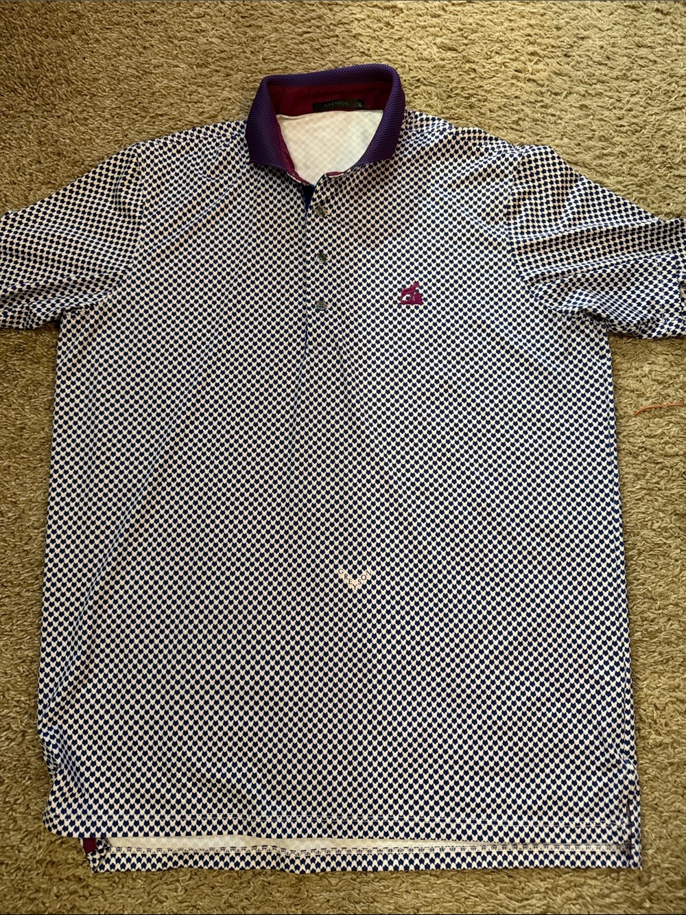 Greyson Men's Purple and White Patterned Polo with Purple Collar